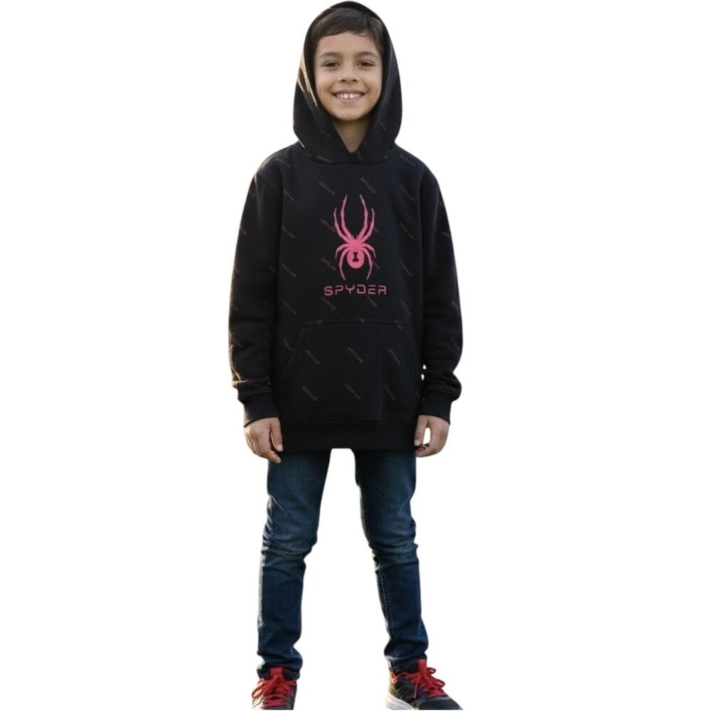 Spyder Hoodie Youth Medium 10/12 Black Pink Logo Pullover Fleece Kangaroo Pocket